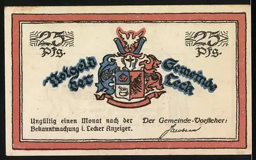 Notgeld Leck, 1920, 25 Pfennig, Zwei Männer mit Flagge und Wappen der Gemeinde Leck