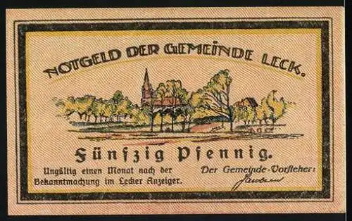 Notgeld Leck, 50 Pfennig, Krieger-Ehrenmal und Landschaftsansicht