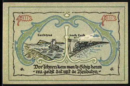 Notgeld Leck, 1920, 1 Mark, Schiff und Zug Eechhus nach Leck und 1000 Jahre Gedenken