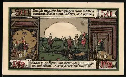 Notgeld Ballenstedt, 1921, 50 Pfennig, Bergleute bei der Arbeit und Landschaft mit Hügel im Hintergrund