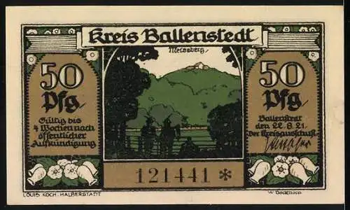 Notgeld Ballenstedt, 1921, 50 Pfennig, Bergleute bei der Arbeit und Landschaft mit Hügel im Hintergrund