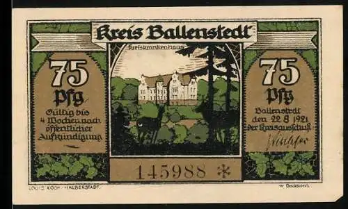 Notgeld Ballenstedt, 1921, 75 Pfennig, Vorderseite mit Kreis-Krankenhaus und Rückseite mit Waldarbeiterszene