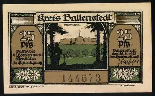 Notgeld Ballenstedt, 1921, 25 Pfennig, Meisterschau und Gegenstein mit Burg