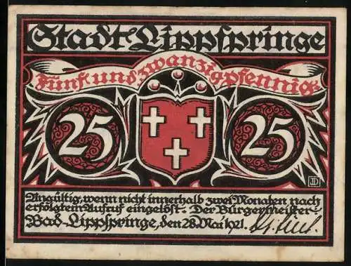 Notgeld Bad Lippspringe, 1921, 25 Pfennig, Stadtwappen und Szene mit Bauer und Pferd