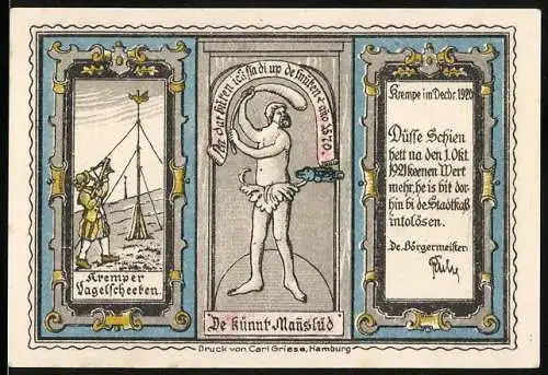 Notgeld Krempe, 1920, 50 Pfenning, historische und ländliche Szenen, Druck von Carl Griese, Hamburg