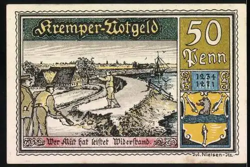 Notgeld Krempe, 1920, 50 Pfenning, historische und ländliche Szenen, Druck von Carl Griese, Hamburg