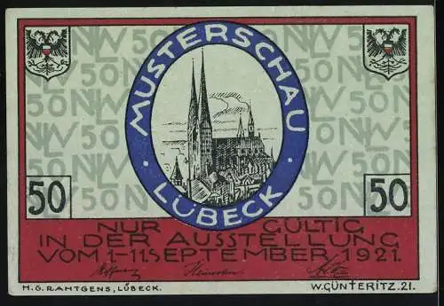 Notgeld Lübeck 1921, 50 Pfennig, Nordische Woche, Musterschau Lübeck, nur gültig in der Ausstellung 1921