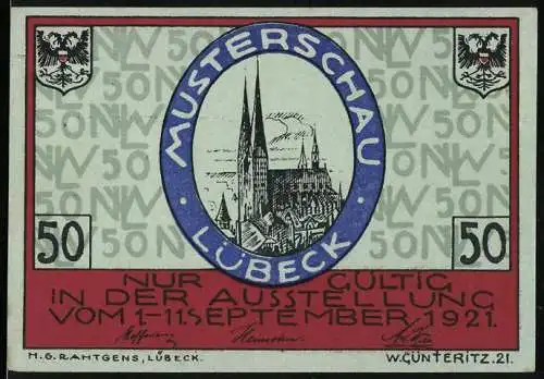 Notgeld Lübeck, 1921, 50 Pfennig, Musterschau und Nordische Woche, Stadtansicht und Wappen