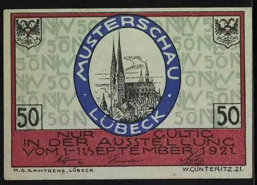 Notgeld Lübeck 1921, 50 Pfennig, Nordische Woche und Musterschau mit Stadtansicht