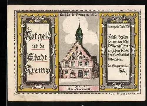 Notgeld Krempe, 1920, 100 Pfennig, Rathaus, Kremper Gild und Kremper Deerns un Boorn