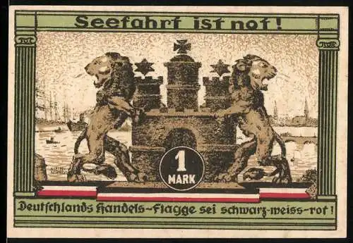 Notgeld Hamburg, 1921, 1 Mark, Seefahrt ist not, Kultur und Sportwoche Hamburg 12.-24. August