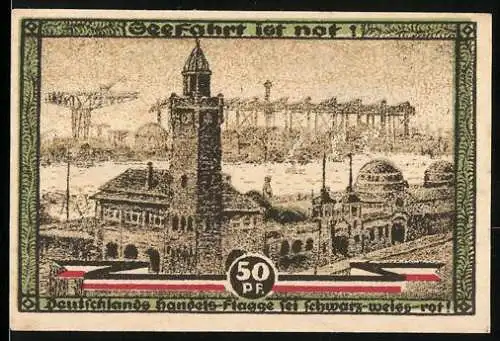 Notgeld Hamburg, 1921, 50 Pf, Vorderseite zeigt Hamburger Hafen, Rückseite Kultur u. Sportwoche