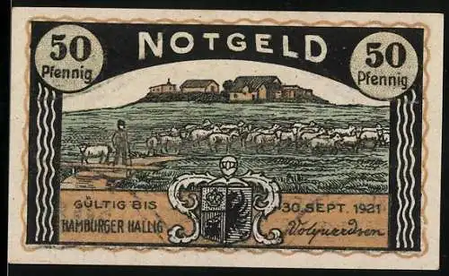 Notgeld Hamburger Hallig 1921, 50 Pfennig, Landschaft mit Schafen und Gebäude, gültig bis 30. September 1921