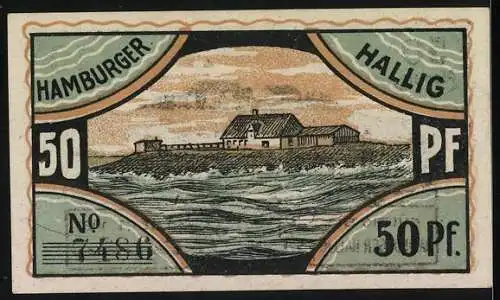 Notgeld Hamburger Hallig 1921, 50 Pfennig, Landschaft mit Schafen und Gebäude, gültig bis 30. September 1921