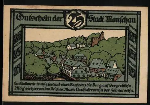 Notgeld Monschau, 1921, 25 Pfennig, Stadtansicht und Burg auf Bergeshöhn, Gültigkeit bis 1. Januar 1922