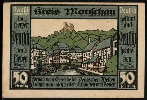 Notgeld Monschau, 1921, 50 Pfennig, Fachwerkhäuser und Burg, Wappen mit Heiliger