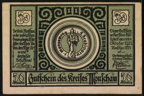 Notgeld Monschau, 1921, 50 Pfennig, Fachwerkhäuser und Burg, Wappen mit Heiliger