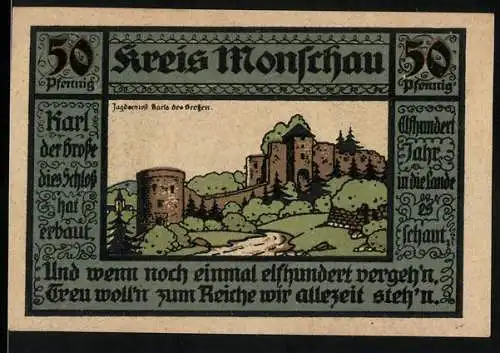 Notgeld Monschau, 1921, 50 Pfennig, Darstellung der Burg und Text mit historischen Informationen