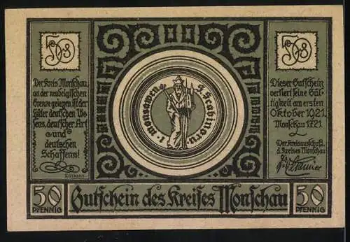 Notgeld Monschau, 1921, 50 Pfennig, Darstellung der Burg und Text mit historischen Informationen