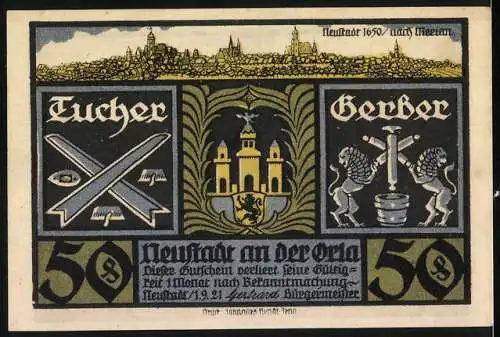 Notgeld Neustadt an der Orla, 1921, 50 Pfennig, Abbildung der Befestigung eines Münzmeisters und Wappen der Stadt