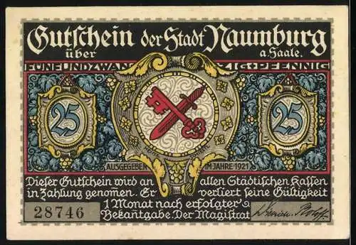 Notgeld Naumburg 1921, 25 Pfennig, Alt-Naumburg das Wenzelsthor, Stadtansicht mit Tor und Personen