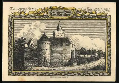 Notgeld Naumburg 1921, 25 Pfennig, Alt Naumburg Das Salzthor und Stadtwappen mit Schlüsseln im Zentrum