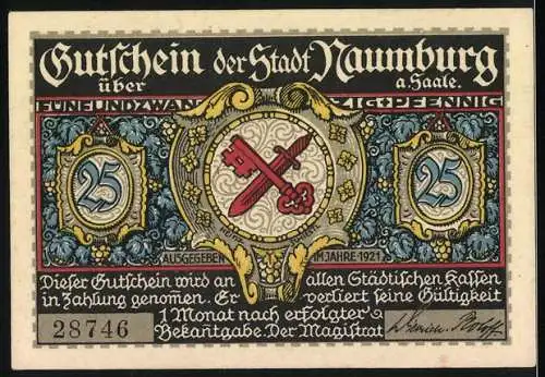 Notgeld Naumburg 1921, 25 Pfennig, Alt Naumburg Das Salzthor und Stadtwappen mit Schlüsseln im Zentrum