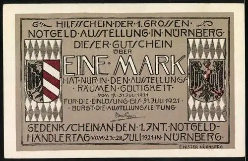 Notgeld Nürnberg, 1921, 1 Mark, Ausstellungsgutschein mit Burgaussicht und Wappen