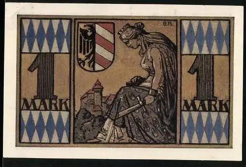 Notgeld Nürnberg 1921, 1 Mark, Gedenkschein der 1. grossen Notgeld-Ausstellung in Nürnberg mit Abbildungen von Wappen