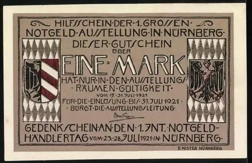 Notgeld Nürnberg 1921, 1 Mark, Gedenkschein der 1. grossen Notgeld-Ausstellung in Nürnberg mit Abbildungen von Wappen