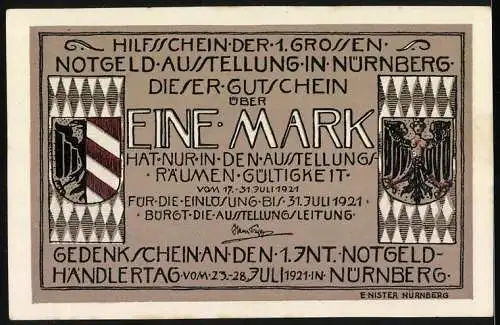 Notgeld Nürnberg, 1921, 1 Mark, Hilfsschein der 1. grossen Notgeld-Ausstellung in Nürnberg