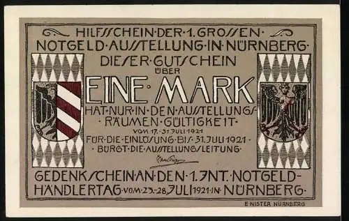 Notgeld Nürnberg 1921, 1 Mark, Frauenfigur mit Flügeln und Wappenschild