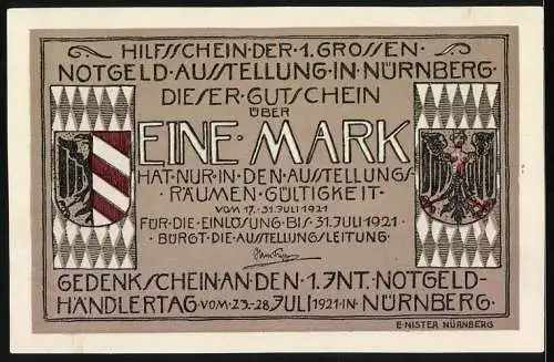 Notgeld Nürnberg, 1921, 1 Mark, Gebäude mit zwei Wappen und Adler, Gedenkschein zur Notgeld-Ausstellung