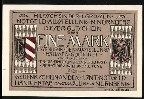 Notgeld Nürnberg 1921, 1 Mark, Gedenkschein der 1. Notgeld-Ausstellung mit Wappen und Adler