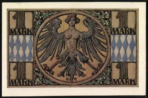 Notgeld Nürnberg 1921, 1 Mark, Gedenkschein der 1. Notgeld-Ausstellung mit Wappen und Adler