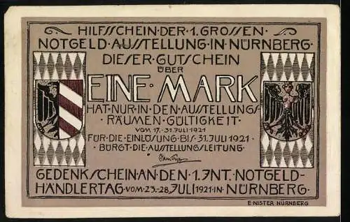 Notgeld Nürnberg 1921, 1 Mark, Hilfsschein der 1. Grossen Notgeld-Ausstellung in Nürnberg