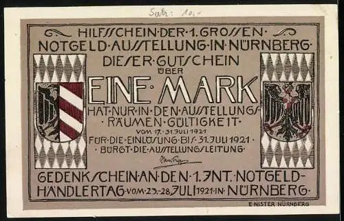 Notgeld Nürnberg 1921, 1 Mark, Hilfsschein der 1. grossen Notgeld-Ausstellung in Nürnberg