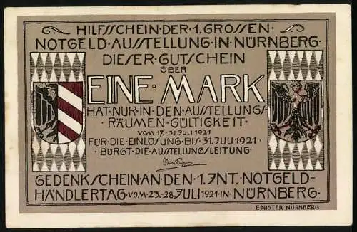 Notgeld Nürnberg, 1921, 1 Mark, Gedenkschein der 1. grossen Notgeld-Ausstellung in Nürnberg