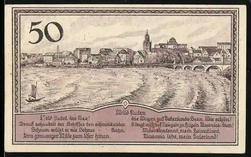 Notgeld Lyck 1920, 50 Pfennig, Stadtansicht mit Fluss und Brücke auf der Vorderseite, Wappen und Inschrift