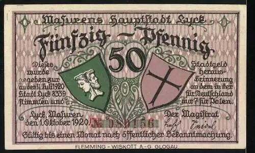 Notgeld Lyck 1920, 50 Pfennig, Stadtansicht mit Fluss und Brücke auf der Vorderseite, Wappen und Inschrift