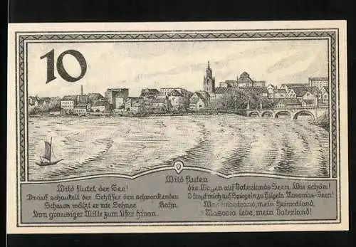 Notgeld Lyck, 1920, 10 Pfennig, Stadtansicht und Wappen mit Inschriften