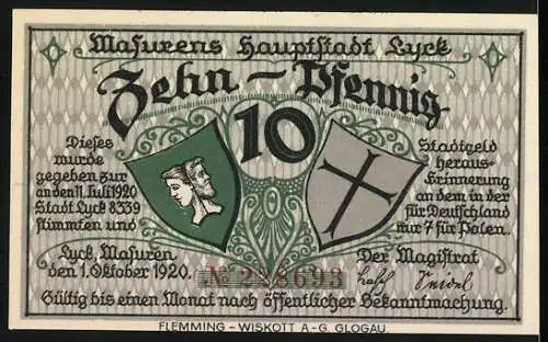 Notgeld Lyck, 1920, 10 Pfennig, Stadtansicht und Wappen mit Inschriften