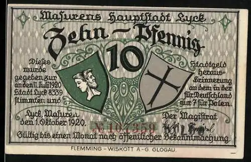 Notgeld Lyck, 1920, 10 Pfennig, Vorderseite mit Wappen und Rückseite mit Stadtansicht und Gedicht