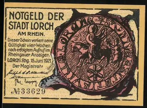 Notgeld Lorch am Rhein, 1921, 25 Pfennig, antike Münzabbildung und männliche Figur vor Berglandschaft