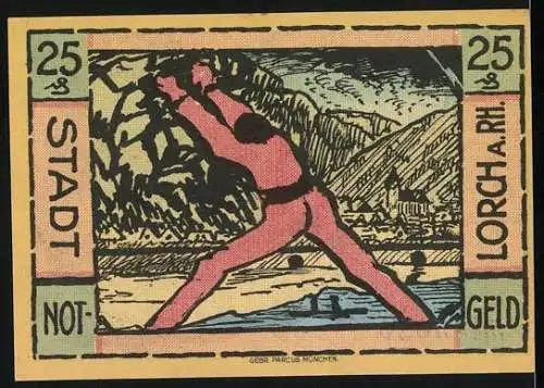 Notgeld Lorch am Rhein, 1921, 25 Pfennig, antike Münzabbildung und männliche Figur vor Berglandschaft
