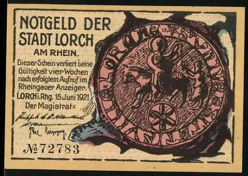 Notgeld Lorch am Rhein 1921, 25 Pfennig, Siegel und Mann mit Felsblock vor Berglandschaft