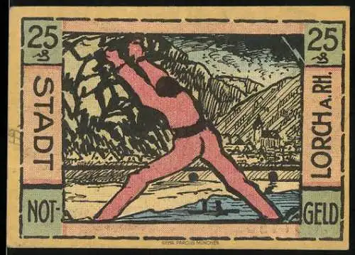 Notgeld Lorch am Rhein 1921, 25 Pfennig, Vorderseite mit Holzfäller, Rückseite mit Siegel und Text