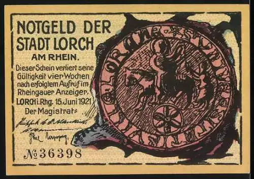 Notgeld Lorch am Rhein 1921, 25 Pfennig, Ringer vor Berglandschaft und Stadtsiegel