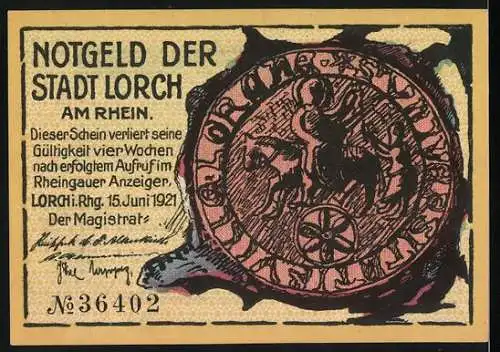 Notgeld Lorch 1921, 25 Pfennig, Stadt Lorch am Rhein, Mann mit Hammer und Siegel, Nr. 36402