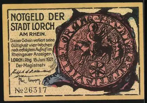 Notgeld Lorch am Rhein 1921, 25 Pfennig, Arbeiter zerbricht Felsen und Stadtwappen